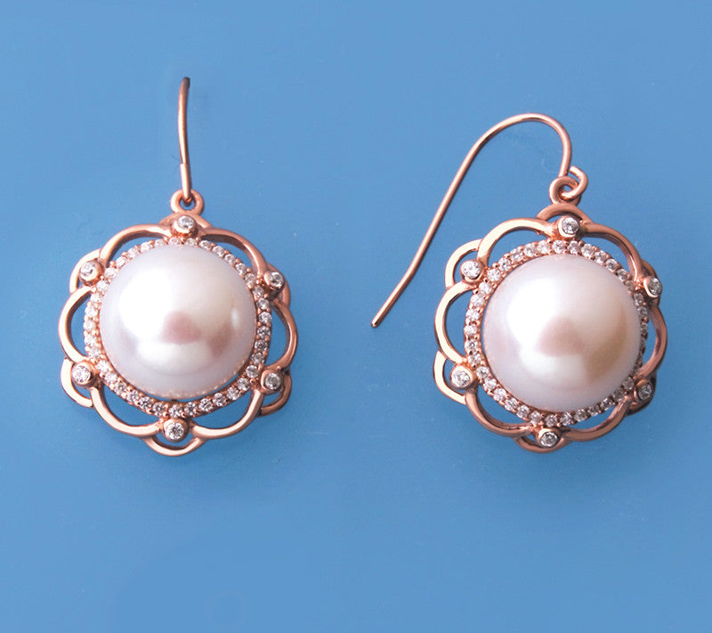 Rose Gold Plated Silver Earrings with 11.5-12mm Button Shape Freshwater Pearl and Cubic Zirconia - Wing Wo Hing Jewelry Group - Pearl Jewelry Manufacturer