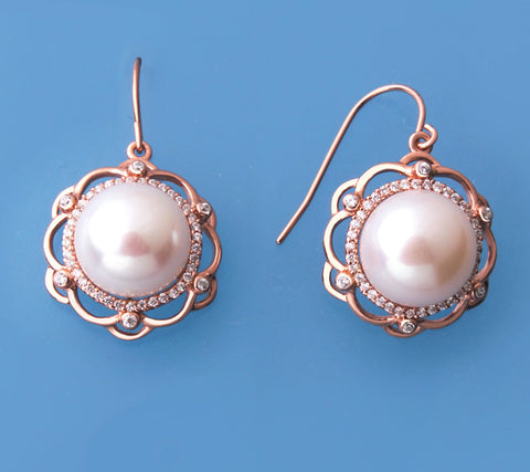 Rose Gold Plated Silver Earrings with 11.5-12mm Button Shape Freshwater Pearl and Cubic Zirconia