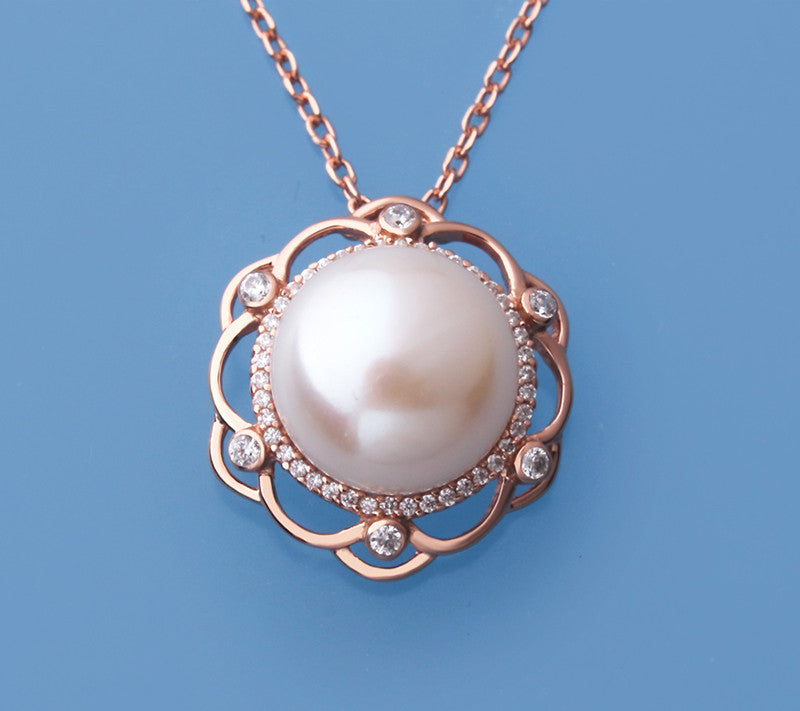Rose Gold Plated Silver Pendant with 13.5-14mm Button Shape Freshwater Pearl and Cubic Zirconia - Wing Wo Hing Jewelry Group - Pearl Jewelry Manufacturer