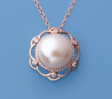 Rose Gold Plated Silver Pendant with 13.5-14mm Button Shape Freshwater Pearl and Cubic Zirconia - Wing Wo Hing Jewelry Group - Pearl Jewelry Manufacturer