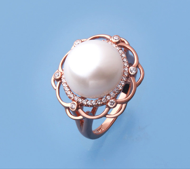 Rose Gold Plated Silver Ring with 12.5-13mm Button Shape Freshwater Pearl and Cubic Zirconia - Wing Wo Hing Jewelry Group - Pearl Jewelry Manufacturer