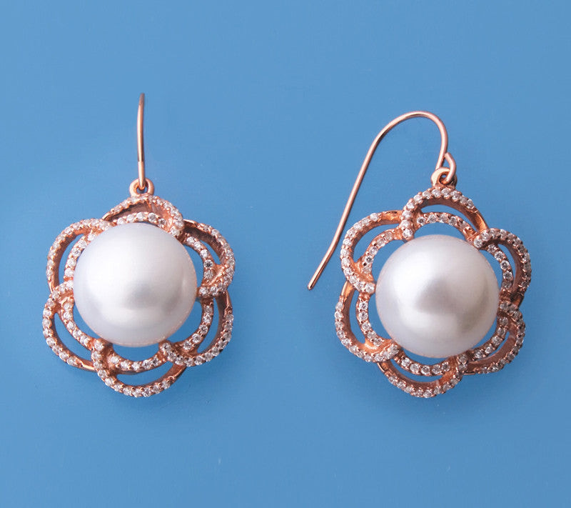 Rose Gold Plated Silver Earrings with 11.5-12mm Button Shape Freshwater Pearl and Cubic Zirconia - Wing Wo Hing Jewelry Group - Pearl Jewelry Manufacturer