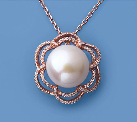 Rose Gold Plated Silver Pendant with 13.5-14mm Button Shape Freshwater Pearl and Cubic Zirconia