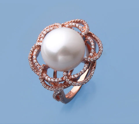 Rose Gold Plated Silver Ring with 12.5-13mm Button Shape Freshwater Pearl and Cubic Zirconia