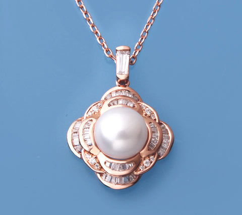 Rose Gold Plated Silver Pendant with 10-10.5mm Button Shape Freshwater Pearl and Cubic Zirconia