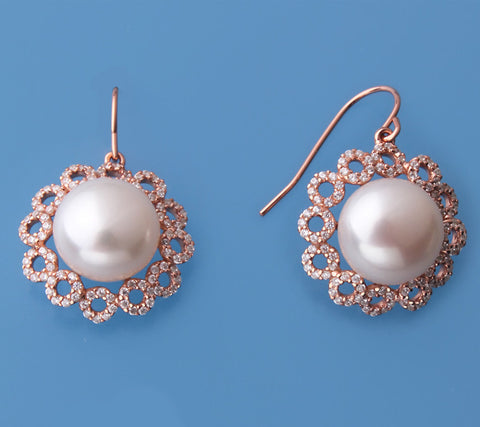 Rose Gold Plated Silver Earrings with 11.5-12mm Button Shape Freshwater Pearl and Cubic Zirconia