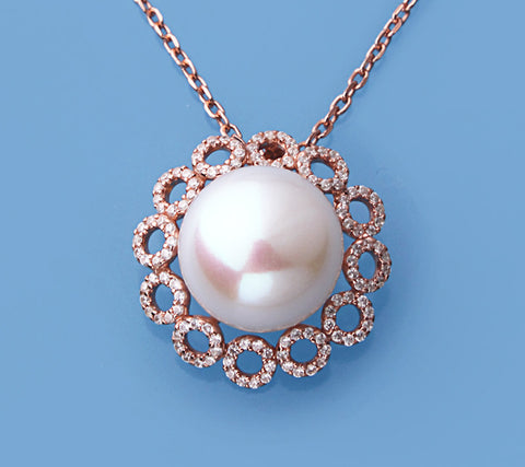 Rose Gold Plated Silver Pendant with 13.5-14mm Button Shape Freshwater Pearl and Cubic Zirconia
