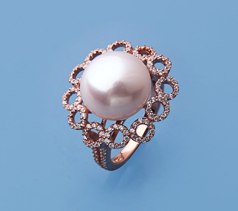 Rose Gold Plated Silver Ring with 12.5-13mm Button Shape Freshwater Pearl and Cubic Zirconia - Wing Wo Hing Jewelry Group - Pearl Jewelry Manufacturer