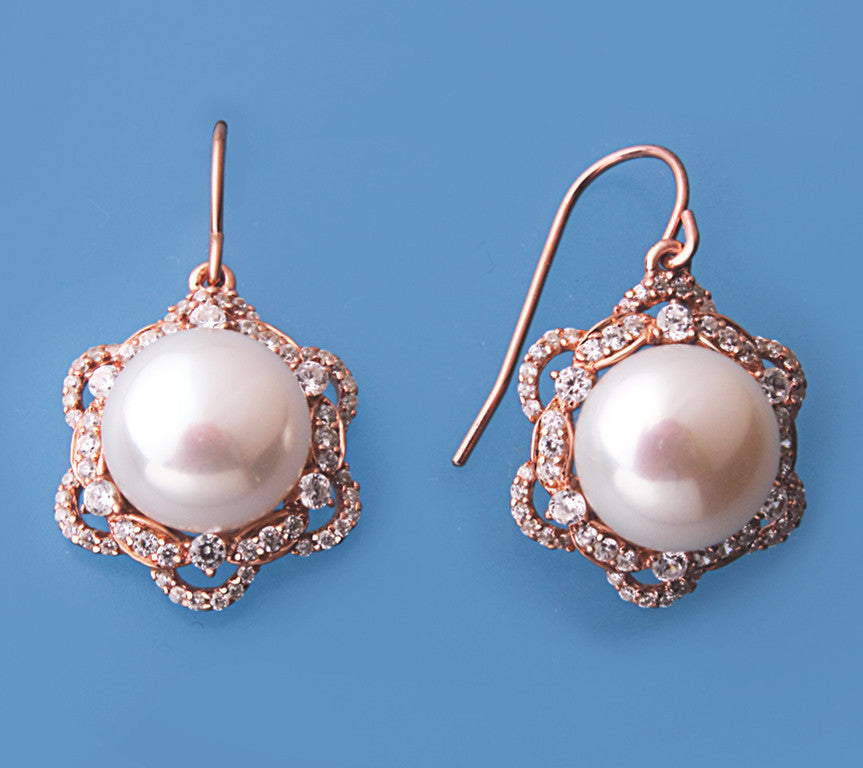 Rose Gold Plated Silver Earrings with 11-11.5mm Button Shape Freshwater Pearl and Cubic Zirconia - Wing Wo Hing Jewelry Group - Pearl Jewelry Manufacturer