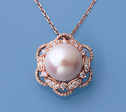 Rose Gold Plated Silver Pendant with 13.5-14mm Button Shape Freshwater Pearl and Cubic Zirconia