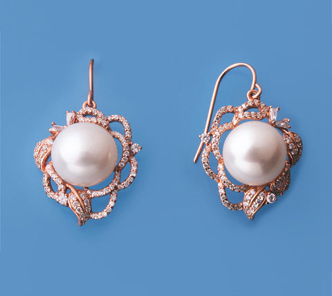 Rose Gold Plated Silver Earrings with 11.5-12mm Button Shape Freshwater Pearl and Cubic Zirconia