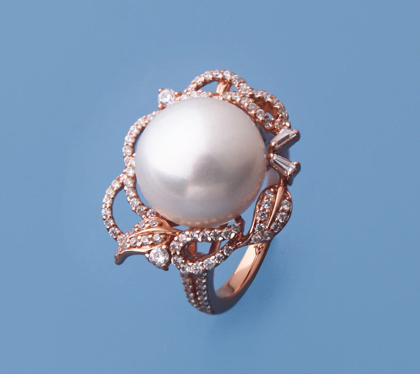 Rose Gold Plated Silver Ring with 13-13.5mm Button Shape Freshwater Pearl and Cubic Zirconia - Wing Wo Hing Jewelry Group - Pearl Jewelry Manufacturer