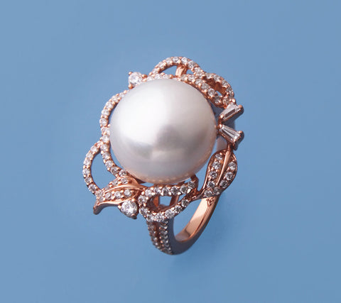 Rose Gold Plated Silver Ring with 13-13.5mm Button Shape Freshwater Pearl and Cubic Zirconia