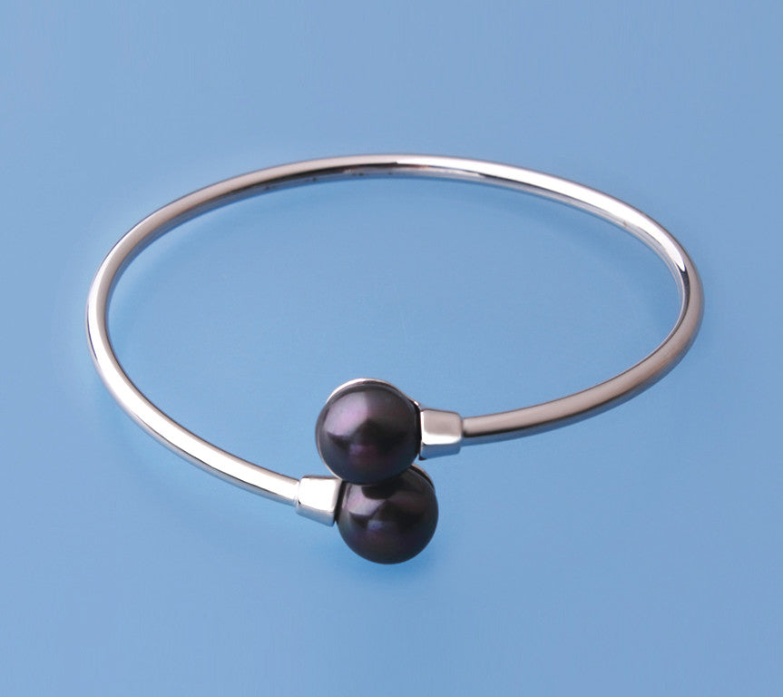 Sterling Silver Bangle with 10.5-11mm Button Shape Freshwater Pearl - Wing Wo Hing Jewelry Group - Pearl Jewelry Manufacturer