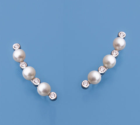 Sterling Silver with 4.5-5mm Button Shape Freshwater Pearl and Cubic Zirconia Earrings