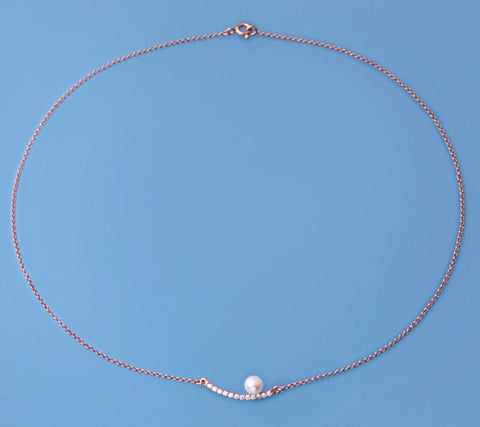 Rose Gold Plated Silver Pendant with 5.5-6mm Round Shape Freshwater Pearl and Cubic Zirconia