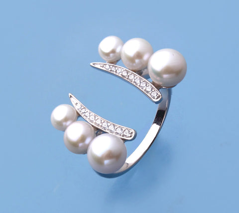 Sterling Silver Ring with Button Shape Freshwater Pearl and Cubic Zirconia