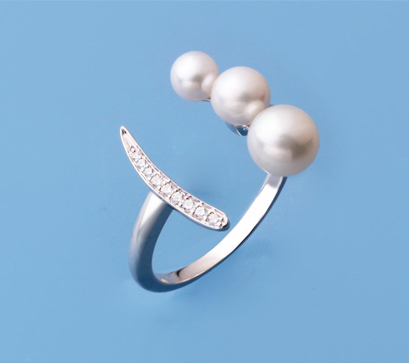 Sterling Silver Ring with Button Shape Freshwater Pearl and Cubic Zirconia - Wing Wo Hing Jewelry Group - Pearl Jewelry Manufacturer