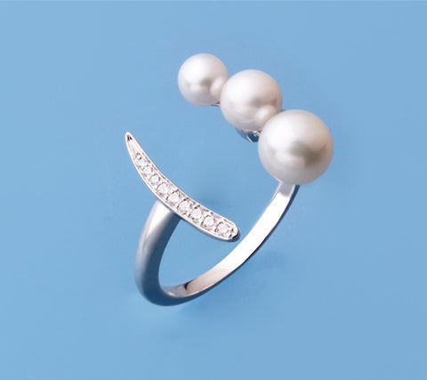 Sterling Silver Ring with Button Shape Freshwater Pearl and Cubic Zirconia