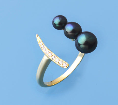 Gold Plated Silver Ring with Button Shape Freshwater Pearl and Cubic Zirconia