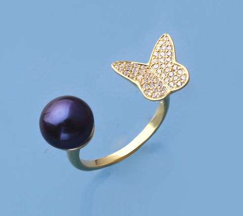 Gold Plated Silver Ring with 9-9.5mm Button Shape Freshwater Pearl and Cubic Zirconia
