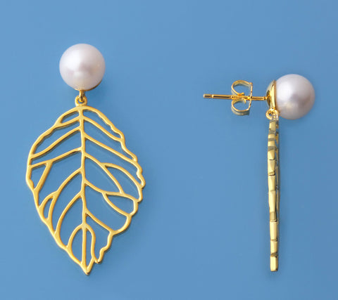 Gold Plated Silver Earrings with 8-8.5mm Round Shape Freshwater Pearl