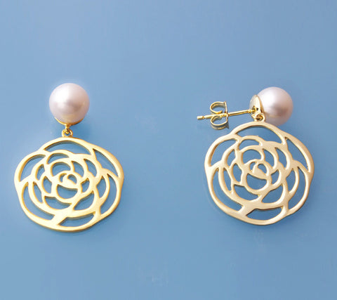 Gold Plated Silver Earrings with 8-8.5mm Round Shape Freshwater Pearl