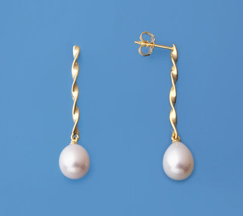 Gold Plated Silver Earrings with 8-8.5mm Drop Shape Freshwater Pearl