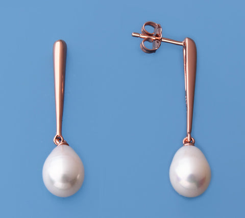 Rose Gold Plated Silver Earrings with 8-8.5mm Drop Shape Freshwater Pearl