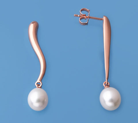 Rose Gold Plated Silver Earrings with 7.5-8mm Drop Shape Freshwater Pearl