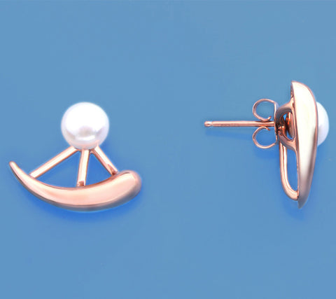 Rose Gold Plated Silver Earrings with 6-6.5mm Button Shape Freshwater Pearl