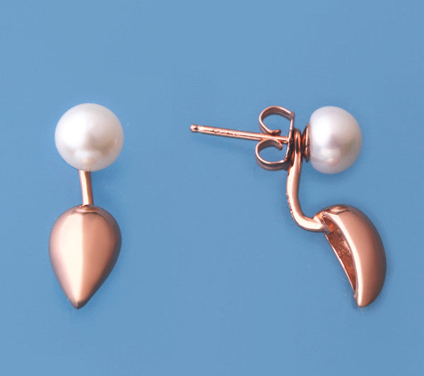 Rose Gold Plated Silver Earrings with 6.5-7mm Button Shape Freshwater Pearl - Wing Wo Hing Jewelry Group - Pearl Jewelry Manufacturer