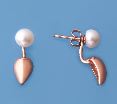 Rose Gold Plated Silver Earrings with 6.5-7mm Button Shape Freshwater Pearl