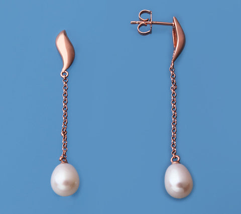 Rose Gold Plated Silver Earrings with 6.5-7mm Drop Shape Freshwater Pearl