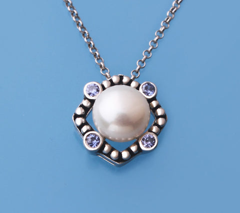 White and Black Plated Silver Pendant with 8-8.5mm Button Shape Freshwater Pearl and Blue Cubic Zirconia