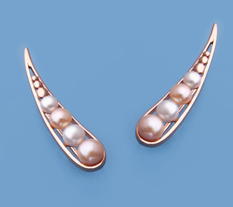 Rose Gold Plated Silver Earrings with 3-5mm Button Shape Freshwater Pearl