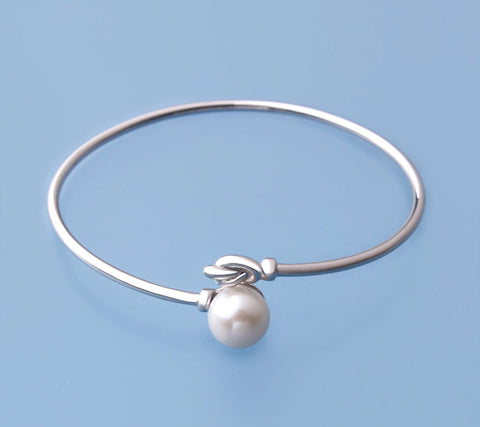 Sterling Silver Bangle with Button and Round Shape Freshwater Pearl