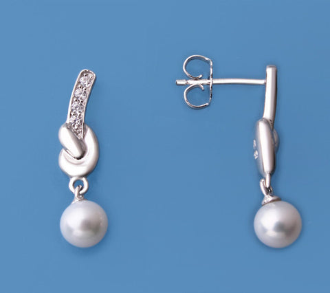Rose Gold Plated Silver Earrings with 5.5-6mm Round Shape Freshwater Pearl and Cubic Zirconia