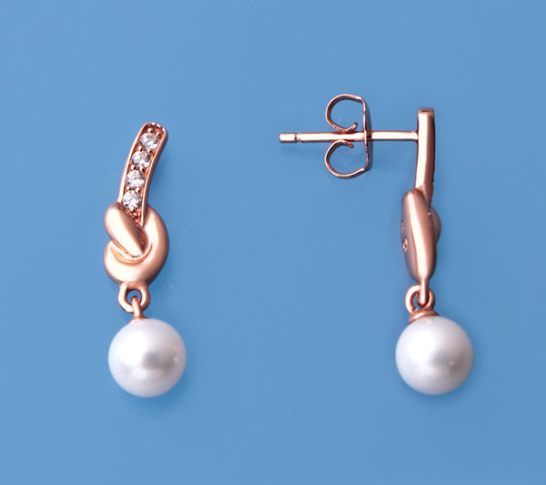 Rose Gold Plated Silver Earrings with 5.5-6mm Round Shape Freshwater Pearl and Cubic Zirconia - Wing Wo Hing Jewelry Group - Pearl Jewelry Manufacturer - 1
