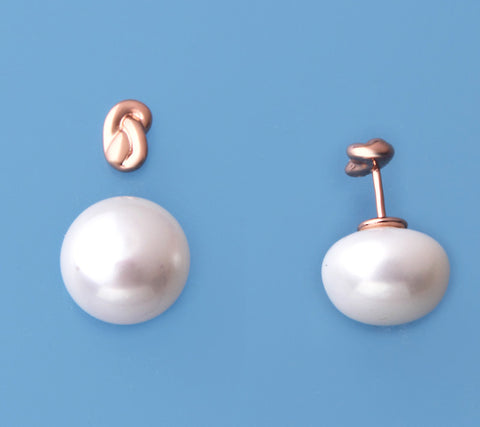 Rose Gold Plated Silver Earrings with 12-12.5mm Button Shape Freshwater Pearl