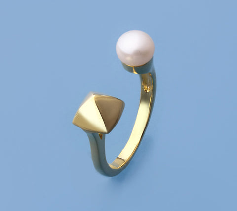 Gold Plated Silver Ring with 6.5-7mm Button Shape Freshwater Pearl