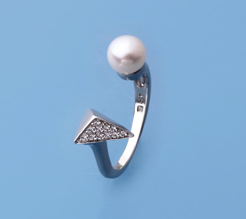 Sterling Silver Ring with 6.5-7mm Button Shape Freshwater Pearl and Cubic Zirconia - Wing Wo Hing Jewelry Group - Pearl Jewelry Manufacturer