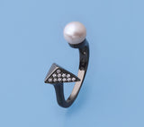 Black Plated Silver Ring with 6.5-7mm Button Shape Freshwater Pearl and Cubic Zirconia - Wing Wo Hing Jewelry Group - Pearl Jewelry Manufacturer