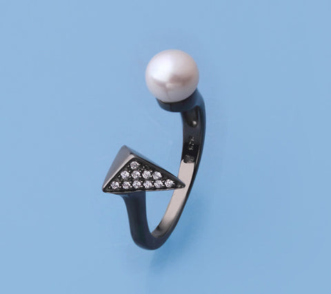 Black Plated Silver Ring with 6.5-7mm Button Shape Freshwater Pearl and Cubic Zirconia