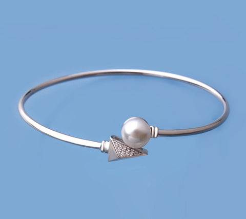 Sterling Silver Bangle with 8-8.5mm Button Shape Freshwater Pearl and Cubic Zirconia