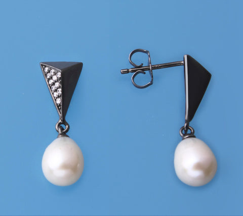 Black Plated Silver Earrings with 6.5-7mm Drop Shape Freshwater Pearl and Cubic Zirconia