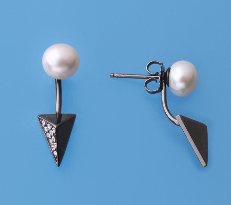 Black Plated Silver Earrings with 7-7.5mm Button Shape Freshwater Pearl and Cubic Zirconia - Wing Wo Hing Jewelry Group - Pearl Jewelry Manufacturer