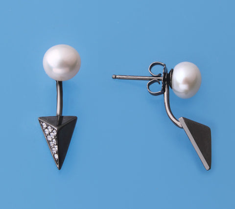 Black Plated Silver Earrings with 7-7.5mm Button Shape Freshwater Pearl and Cubic Zirconia
