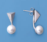 Sterling Silver Earrings with 7-7.5mm Button Shape Freshwater Pearl and Cubic Zirconia - Wing Wo Hing Jewelry Group - Pearl Jewelry Manufacturer