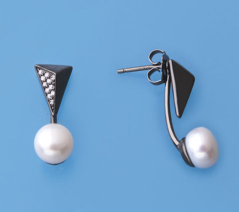 Black Plated Silver Earrings with 7-7.5mm Button Shape Freshwater Pearl and Cubic Zirconia